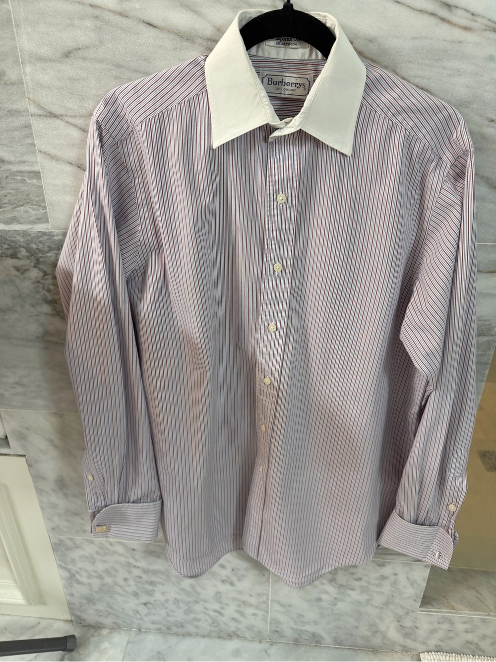 Burberry Pink and Blue Striped Dress Shirt with White Contrast Collar